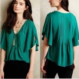 Anthropologie MAEVE Flutter Sleeve Pintuck  Maya blouse 4 Small Emerald Green